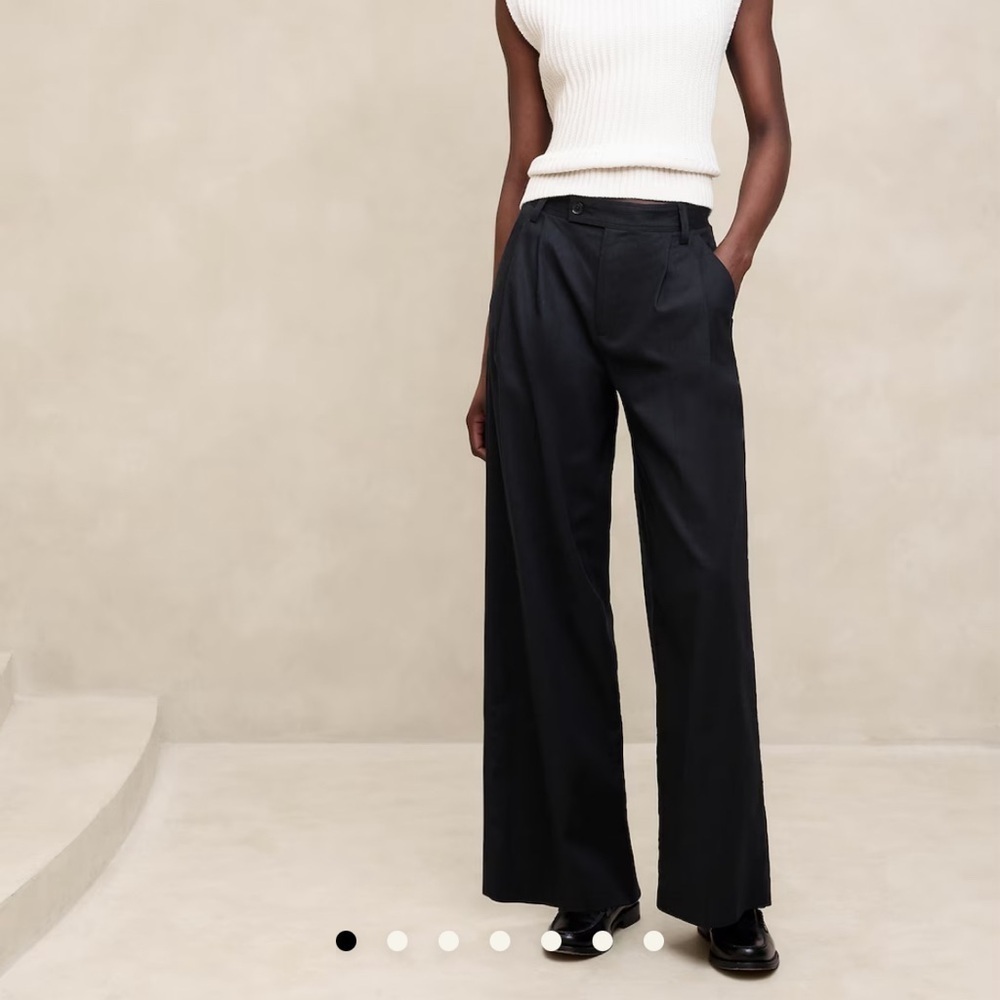Banana Republic Pleated Wide Leg Linen Cotton Blend Trouser Pant Black 14 Petite